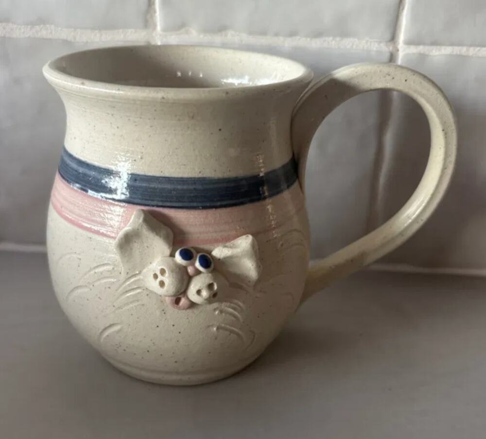 Francine Zajac Studio Art Pottery Cat Face Mug, Signed, Pink & Blue Stripe